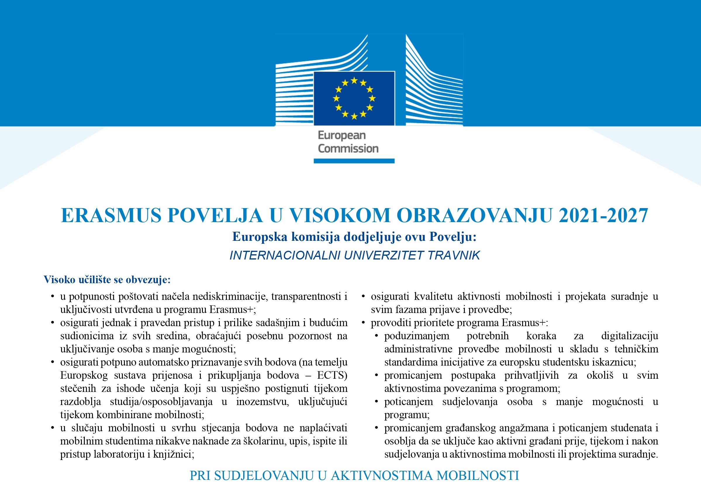 Internacionalnom Univerzitetu Travnik Evropska Komisija Dodijelila Erasmus Povelju U Visokom Obrazovanju