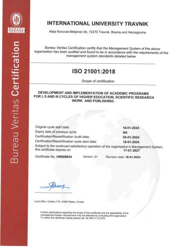 CERTIFIKACIJA INTERNACIONALNOG UNIVERZITETA TRAVNIK U TRAVNIKU PO NORMI ISO 21001:2018.